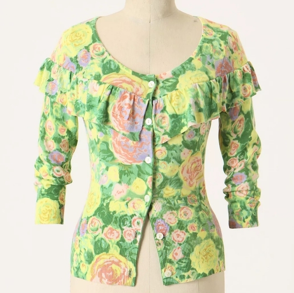 Anthropologie Sweaters - Anthropologie Floral Ruffle Cardigan Sweater Little Yellow Bird